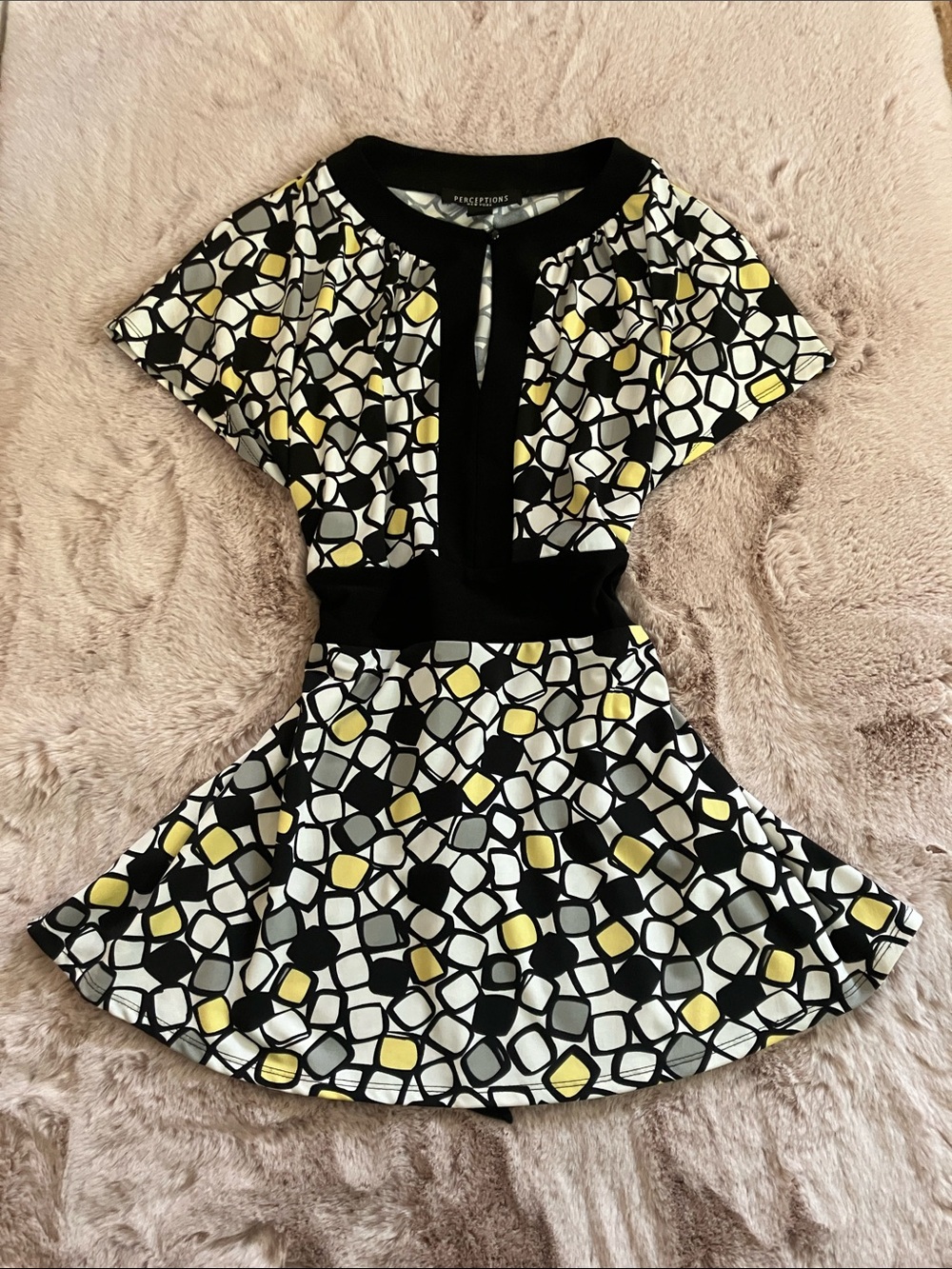 Y2k Vintage Geo-Print Black & Yellow Fit-and-Flare Babydoll Top